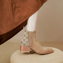 Lancaster Bota Feminina Xadrez de Couro Suede - Cáqui